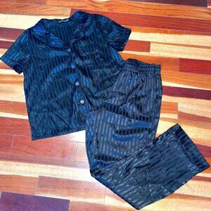 Women's Black Pinstripe Silk Pajama Set Medium